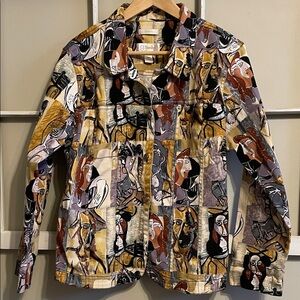 CJ Banks Mixed Abstract Patchwork Jean Jacket in Mustard, Rust & Black